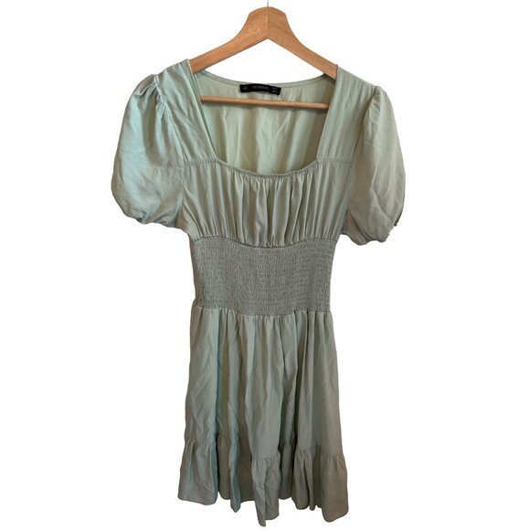 Hesperus Mint Green Smocked Waist Puff Sleeve Mini Dress Women's Size M - Picture 1 of 4